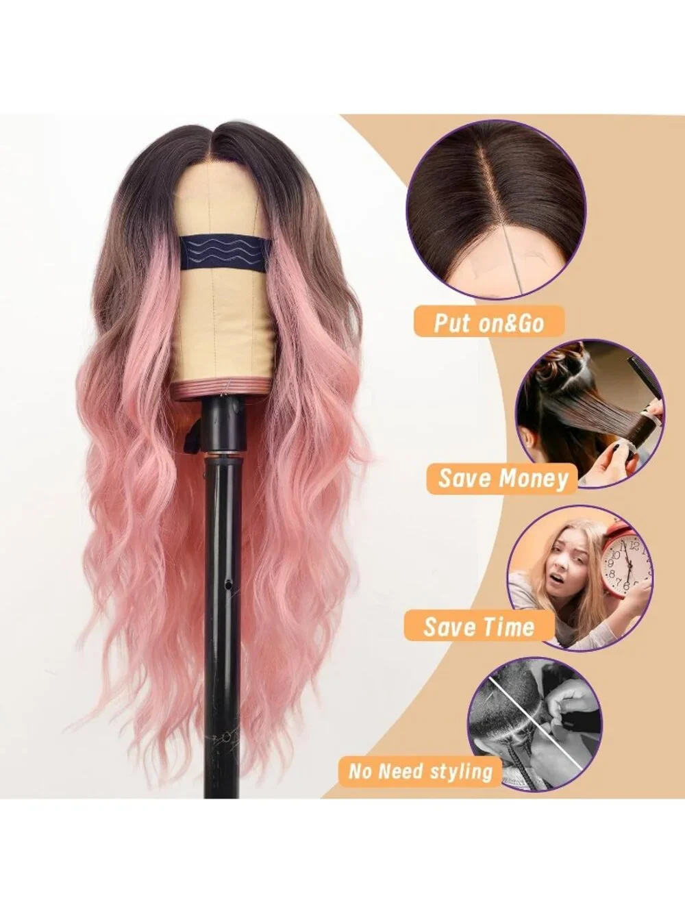 Women's Omber Pink Lace Hairline 26 Inch Synthetic Heat Resistant Wavy Wigs